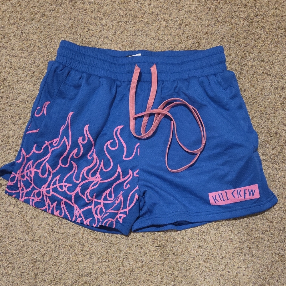 Kill Crew Women's Athletic Shorts in Blue with Pink Flames